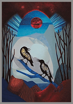 Two Crows with Red Moon